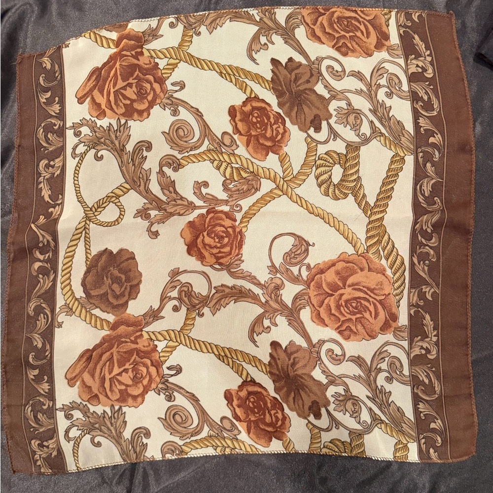 Floral Rope Print Silk Twilly/ Handkerchief - Brown/Cream